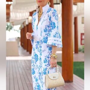 Sail to Sable Blue Flower Vine print tunic dress with bell sleeves Size L